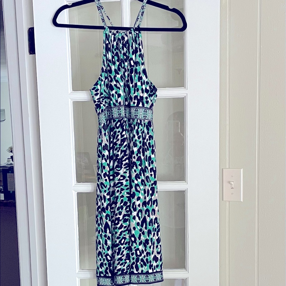 S-O-L-D. 
INC, Halter dress, white, green and black animal print size M
